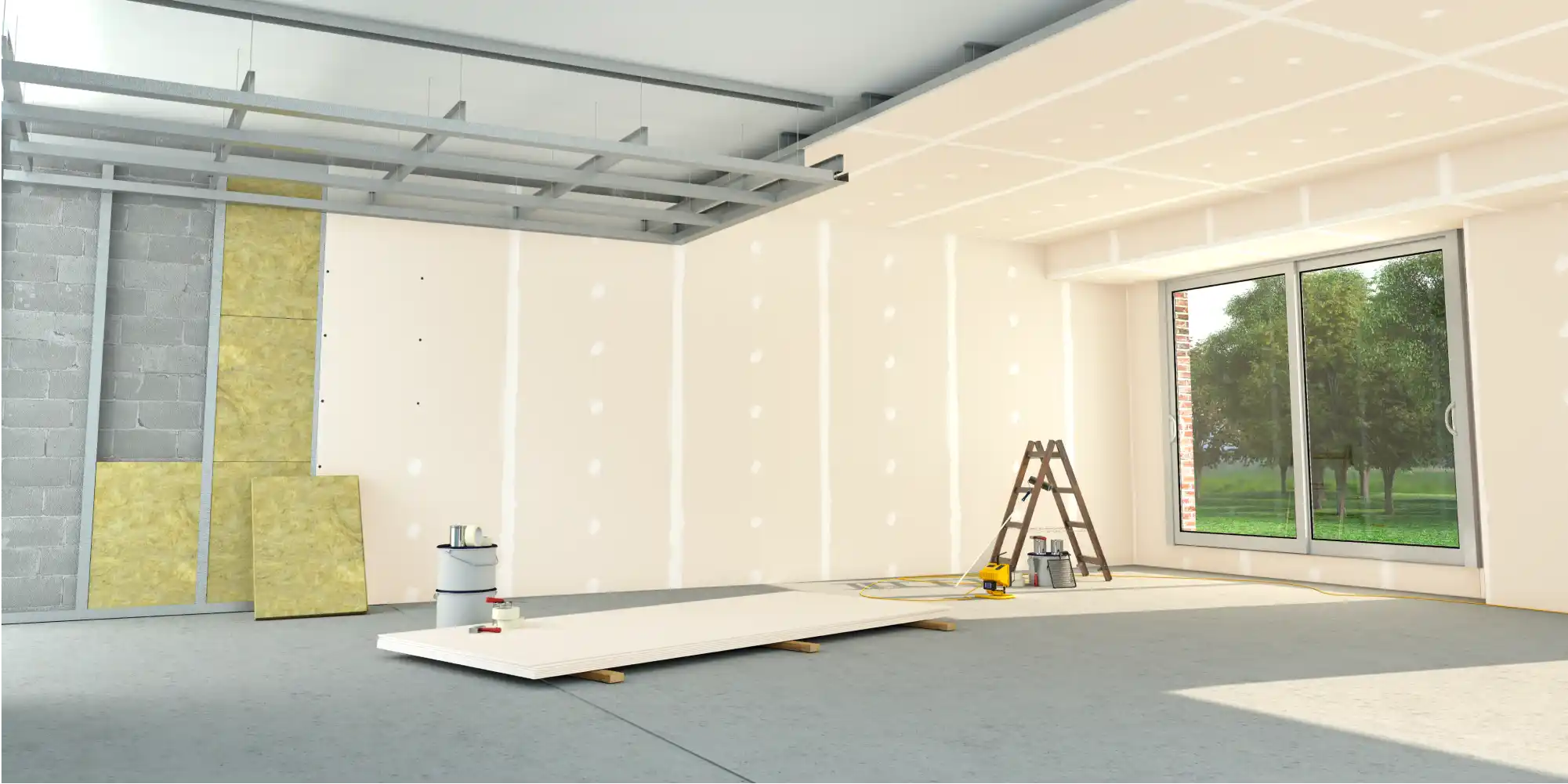 Ongoing ceiling work featuring securely installed panels.