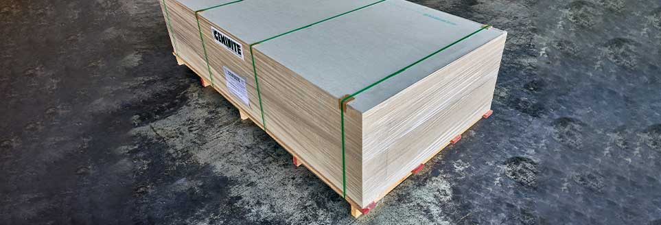 Cement Board panels neatly packed for shipping in the warehouse