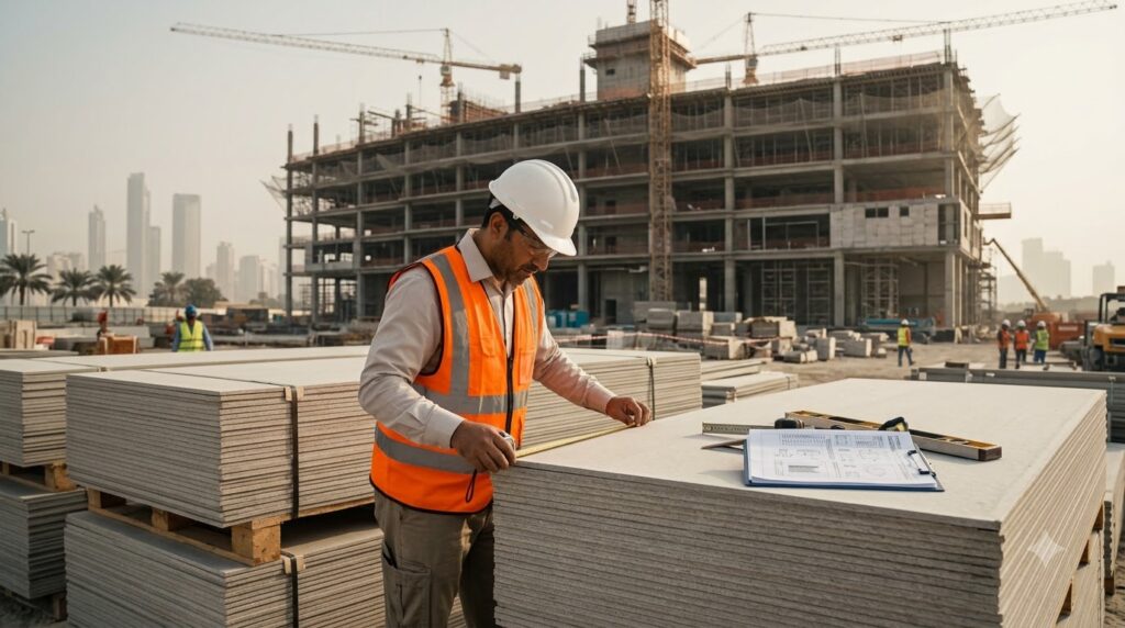 Comparing fiber cement board samples and specifications in UAE